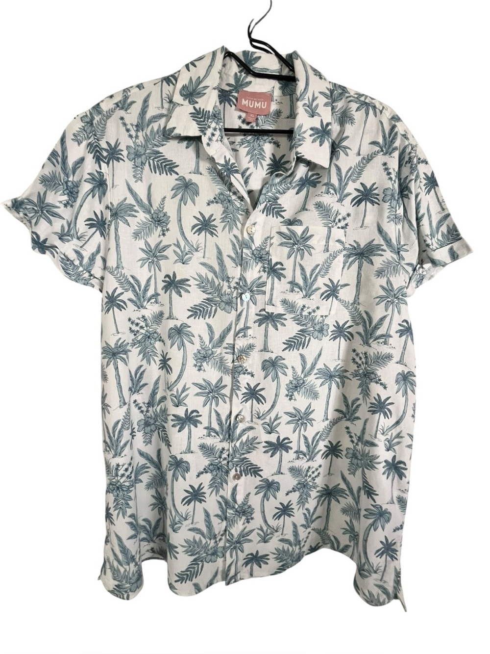 Show Me Your MuMu White Button-Down Shirt with Blue Palm Print